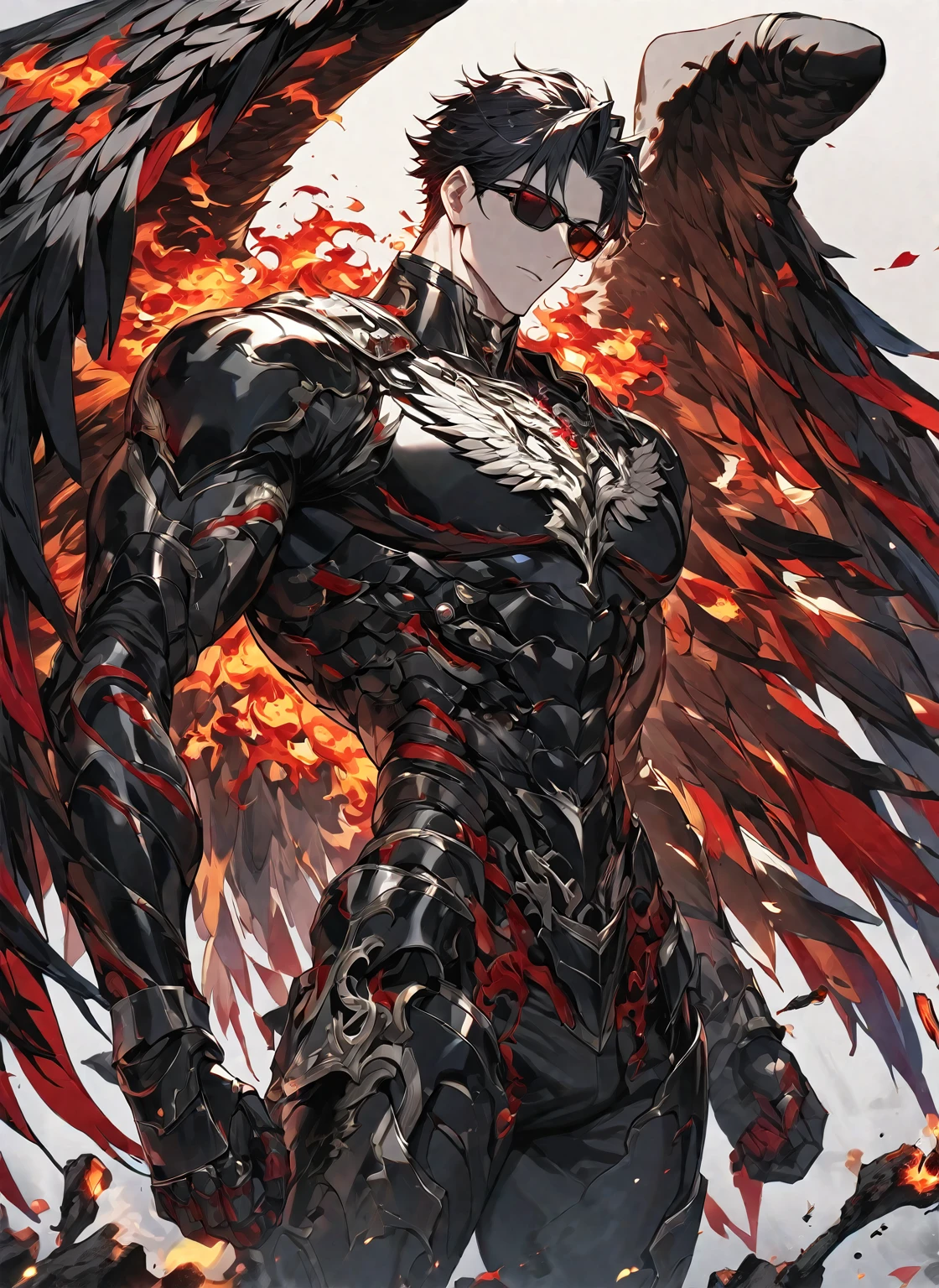 Best quality, One, beautiful, 1 man, tall man, with a sports body, V-shaped body, black detailed armor with glowing white accents, light white eyes, long Black hair covered with Fire Coals, 10 black angel wings, on the background Black Fire with shades of red, bloody threads