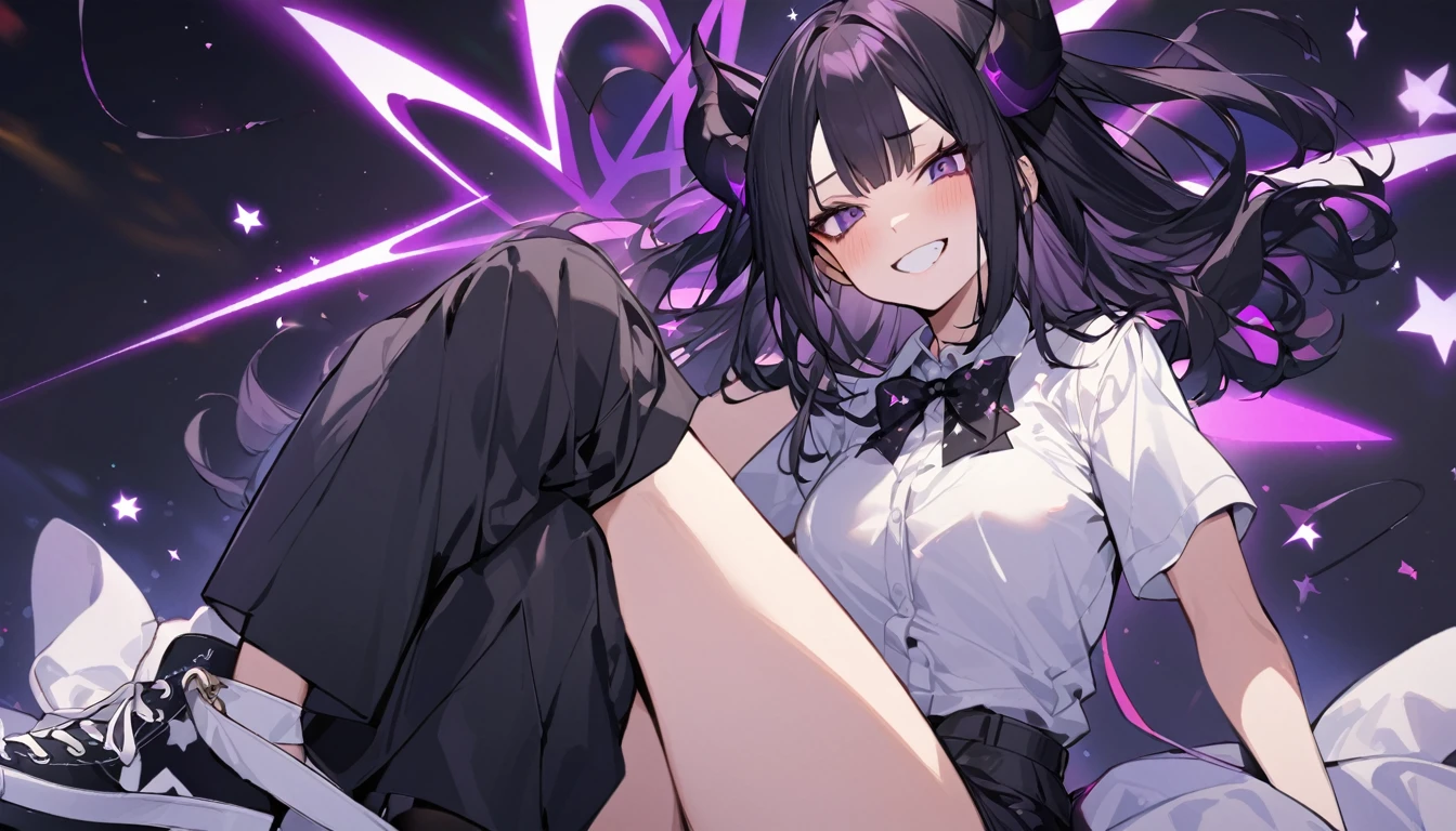 girl with long black hair with straight bangs, with hair cut at the ends. Two large strands in the front, one bigger than the other. A rebel thread. A small white streak in your bangs. Two demon horns, one purple and one black, both with a dark purple star. one black eye and one purple eye. A purple star on your right cheek. black wide pants. All star shoe. Full white shirt with a bow tie with a star in the middle, with short sleeves.  a big chest . Grinning. She is a star demon. In one of his eyes a star in the black eye case, in the black eye and just black. Sex girl. Sex girl. One black eye and one purple eye. She is sitting with a sleepy expression. She is almost asleep sitting up. She has a sleepy expression 