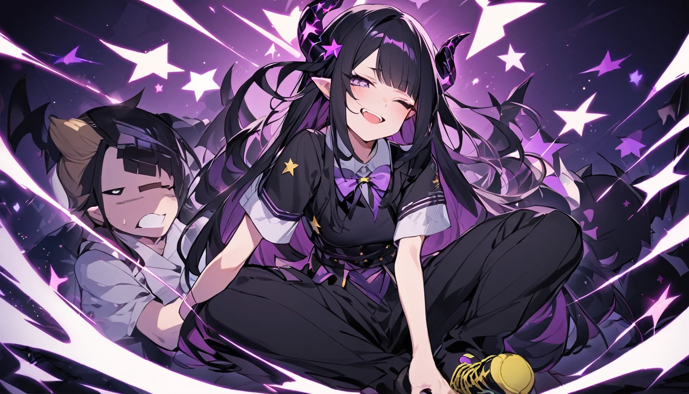 girl with long black hair with straight bangs, with hair cut at the ends. Two large strands in the front, one bigger than the other. A rebel thread. A small white streak in your bangs. Two demon horns, one purple and one black, both with a dark purple star. one black eye and one purple eye. A purple star on your right cheek. black wide pants. All star shoe. Full white shirt with a bow tie with a star in the middle, with short sleeves.  a big chest . Grinning. She is a star demon. In one of his eyes a star in the black eye case, in the black eye and just black. Sex girl. Sex girl. One black eye and one purple eye. She is sitting with a sleepy expression. She is almost asleep sitting up. She has a sleepy expression 