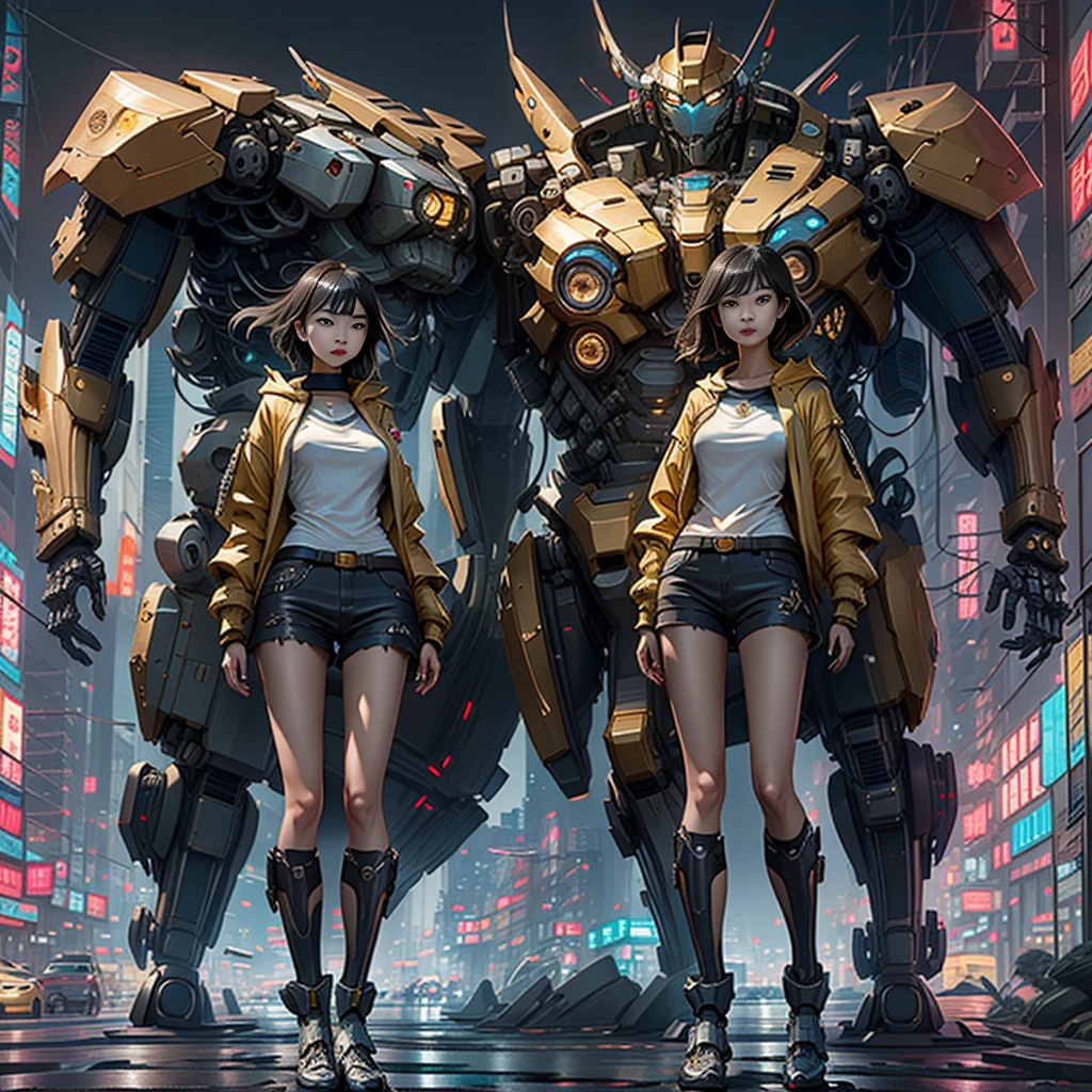 Boutique,best quality,Gold jewelry,(slip out feet),Fairy skin,(Fidelity :1.2),Standing,Super Detailed,realistic,High quality,Movie Light,Ray tracking,Ultra HD,Upper body
Girl in shorts and jacket standing next to giant robot, Guweiz style artwork, CyberPunk mech, Trends on CGSTATION, Guweiz, Russell Dongjun Lu, digital cyberpunk anime art, Ross Tran 8 K, Guweiz on ArtStation Pixiv, Girl in mecha network armor