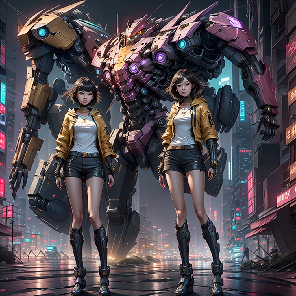Boutique,best quality,Gold jewelry,(slip out feet),Fairy skin,(Fidelity :1.2),Standing,Super Detailed,realistic,High quality,Movie Light,Ray tracking,Ultra HD,Upper body
Girl in shorts and jacket standing next to giant robot, Guweiz style artwork, CyberPunk mech, Trends on CGSTATION, Guweiz, Russell Dongjun Lu, digital cyberpunk anime art, Ross Tran 8 K, Guweiz on ArtStation Pixiv, Girl in mecha network armor
