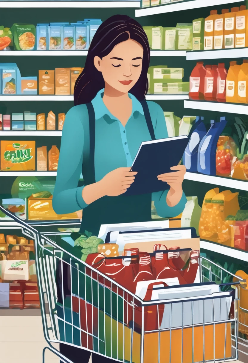The image shows a person in a busy supermarket, with a shopping cart full of essentials. She holds a detailed shopping list, highlighting the importance of advance planning to save time and money. The person is concentrated, comparing prices and checking products on the shelves, demonstrating conscious consumption behavior and financial savings in the shopping environment.