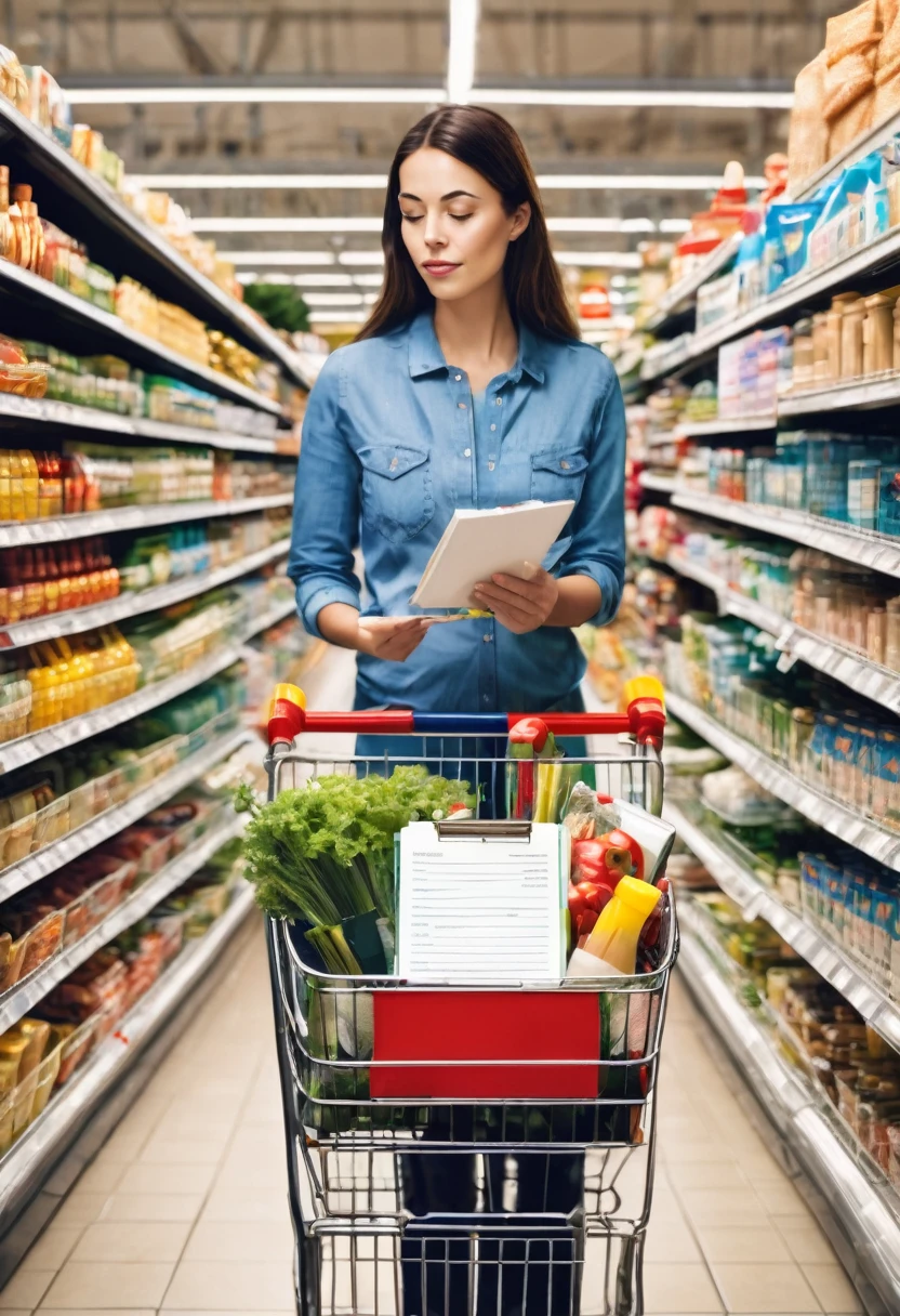 The image shows a person in a busy supermarket, with a shopping cart full of essentials. She holds a detailed shopping list, highlighting the importance of advance planning to save time and money. The person is concentrated, comparing prices and checking products on the shelves, demonstrating conscious consumption behavior and financial savings in the shopping environment.
