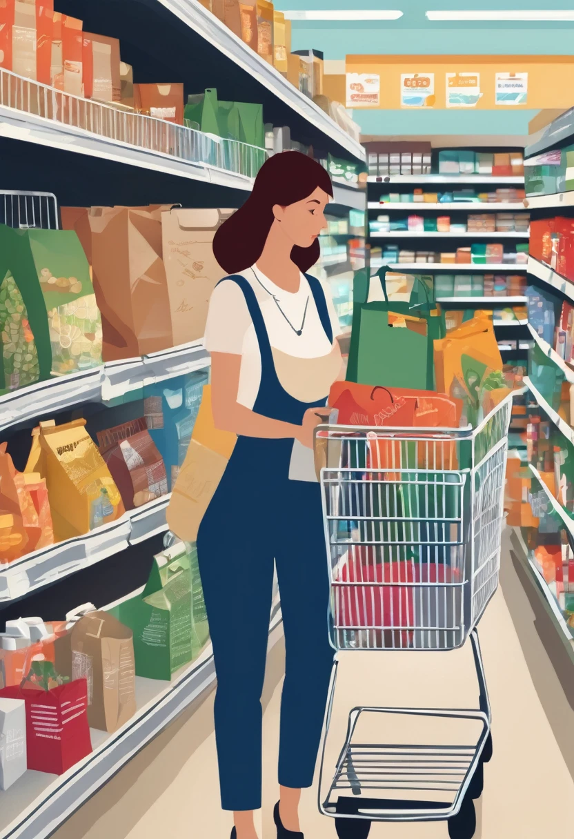 The image shows a person in a busy supermarket, with a shopping cart full of essentials. She holds a detailed shopping list, highlighting the importance of advance planning to save time and money. The person is concentrated, comparing prices and checking products on the shelves, demonstrating conscious consumption behavior and financial savings in the shopping environment.
