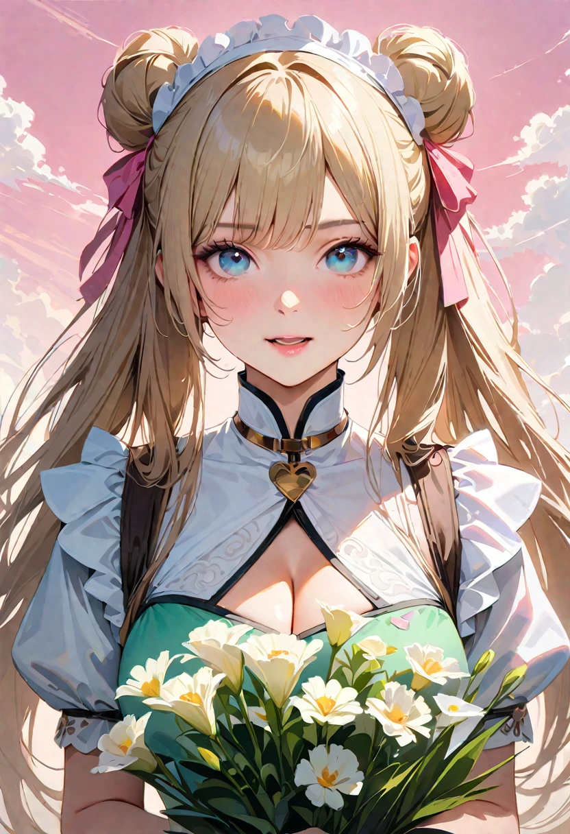 30 years old,1 mature woman,hyperrealistic, 8k, (extremely detailed 8k), (very delicate and beautiful), (masterpiece), (better quality:1.0), (ultra high resolution:1.0), (masterpiece, best quality), cute,blonde,cleavage cutout,(broen dress:1.3),gleaming skin,twintails,twin bun,a pink ribbon on the head,long hair,pastel green chinese maid dress,pastel green chinese dress,white long gloves,hold a bouquet of flowers,face and body straight at the camera,a bunch of flowers,POV,bust shot,white frill,puffy sleeves,laugh with open mouth,tareme,sky blue eyes,short truffle half apron,a gold buckle around someones neck,white corset,pink background,