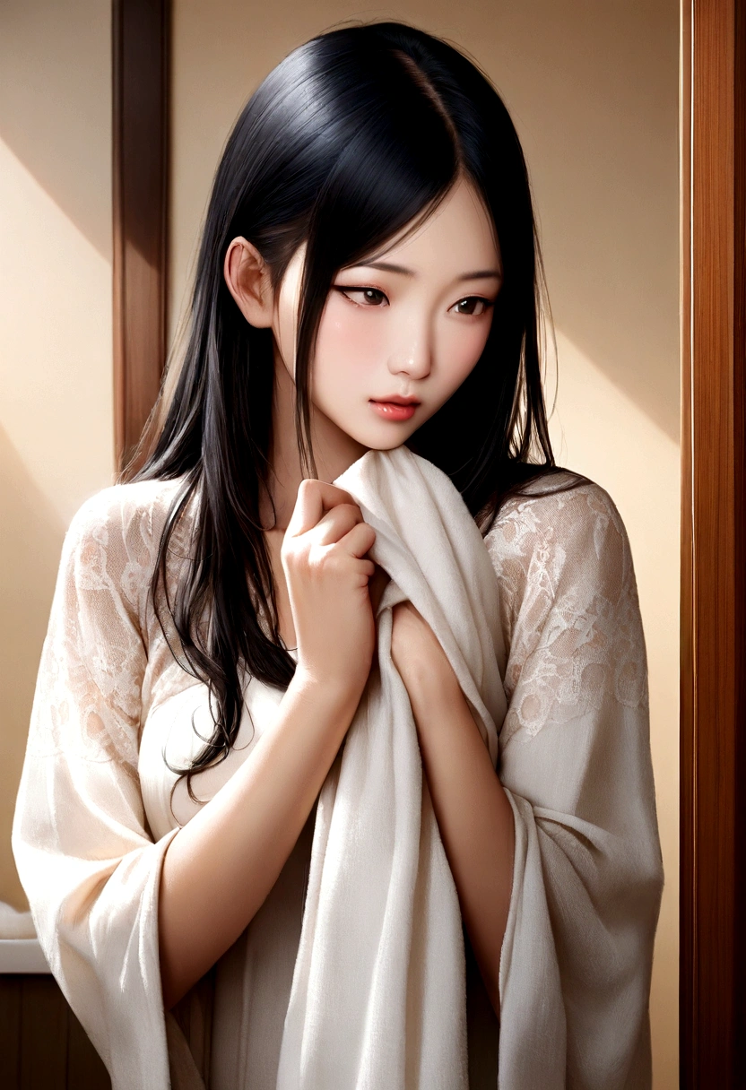 Asian girl with long black hair covering herself with a cloth coming out of the bathroom、Thin and smooth hair、Beautiful Hair、Realistic Women、Photo、