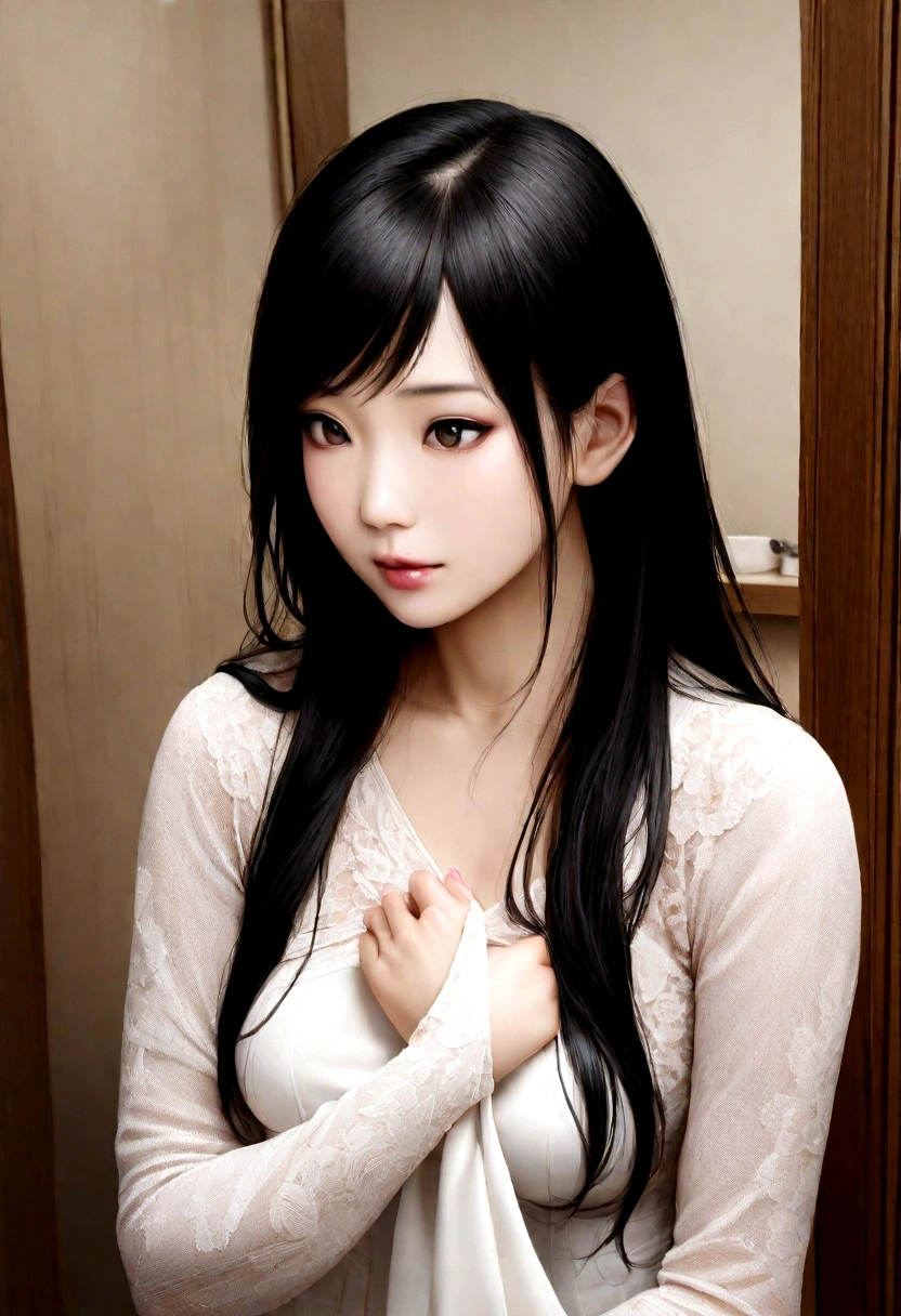 Asian girl with long black hair covering herself with a cloth coming out of the bathroom、Thin and smooth hair、Beautiful Hair、Realistic Women、Photo、