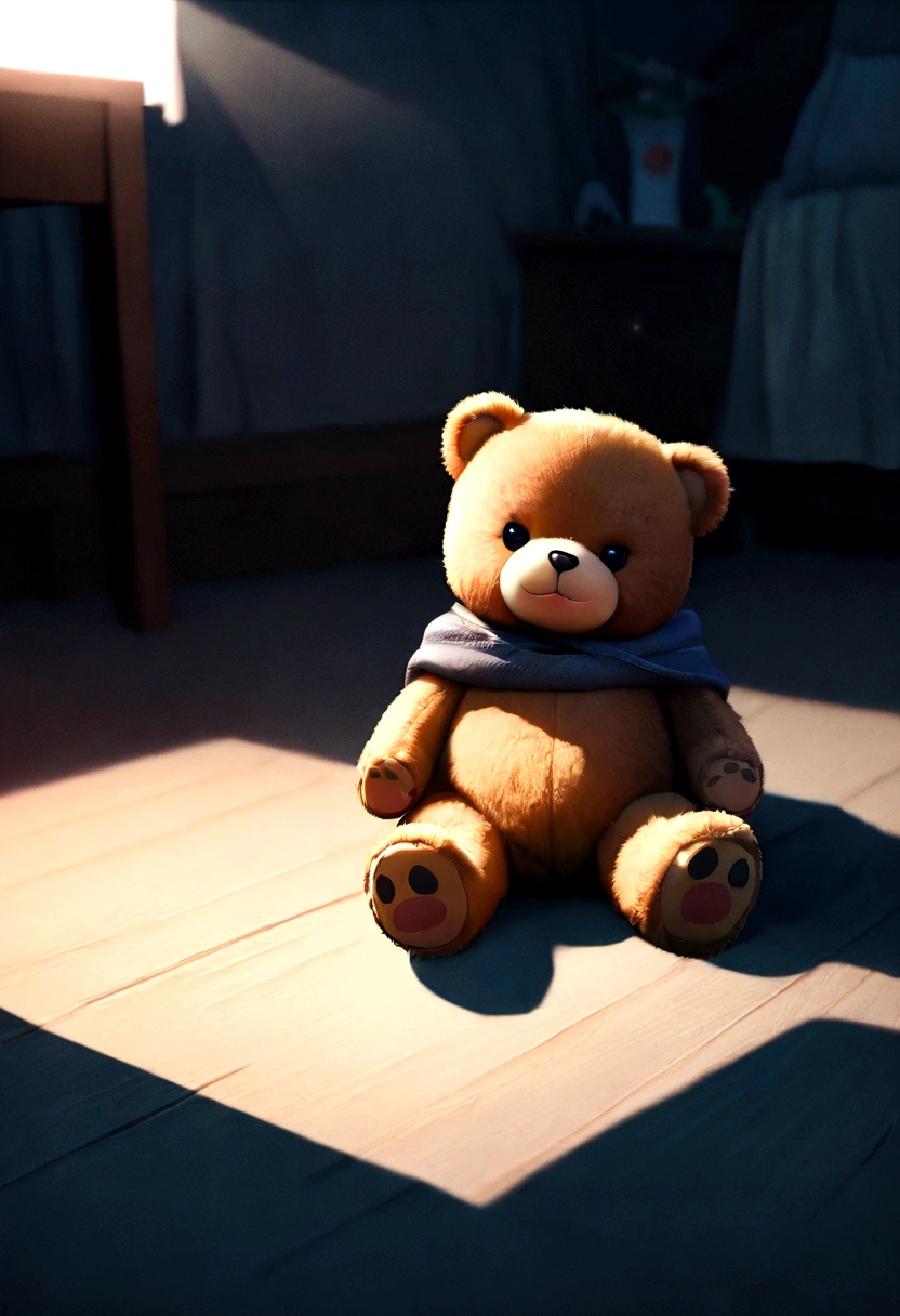 Solitary,Bear,teddy Bear,Smile,permanent,Playful pose,对观众Smile,floor,Pillow,night,Upload to e621,(Detailed background, Depth of Field),(complex:1.1),(High Detail:1.2),(Soft Focus),(masterpiece, best quality, 4K, 2k, shadow, Absurd),Dramatic Lighting,By Chuni,author：cyancapsule,author：Hallogreen,