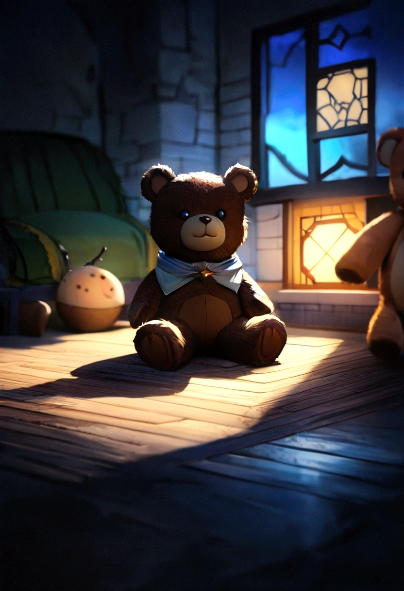 Solitary,Bear,teddy Bear,Smile,permanent,Playful pose,对观众Smile,floor,Pillow,night,Upload to e621,(Detailed background, Depth of Field),(complex:1.1),(High Detail:1.2),(Soft Focus),(masterpiece, best quality, 4K, 2k, shadow, Absurd),Dramatic Lighting,By Chuni,author：cyancapsule,author：Hallogreen,