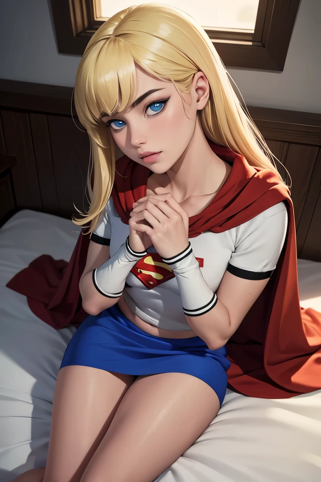 work of art, cru, linda arte, professional artist, 8K, very highly detailed face, very detailed hair, 1 girl, Supergirl (hair blonde, long hair, hair elastic, blue colored eyes, mitts, red cloak, short and tight blue skirt, white  shirt), lying on her bed in the Watchtower, Panas, lust, excitado, blushful, your hands exploring your body, thinking about girlfriend, missing your lover, Camera from above, no label, No brand, perfectly dCRUn body, beautiful  face, very detailedeyes, rosy cheeks, details Intricate in eyes, pursed lips, perfect shape body, Body cute, extremely detaild, details Intricate, highy detailed, Spitz focus, skin detailed, realistic skin texture, texture, detailedeyes, high resolution, kodak vision color, photoshot_\(ultra\), Post-processing, maximum detail, roughness, real-life, ultra realistic, pPanasorealism, pPanasography, absurderes, RAW pPanaso, highest quallity, high detail RAW color pPanaso, professional pPanaso, extremely detaild UHD 8K wallpaper unit, best qualityer, high resolution, (work of art, maximum quality, high resolution:1.4), pPanaso, cinematic, Film grain, Spitz, soft natural light, magic pPanasography, super verbose