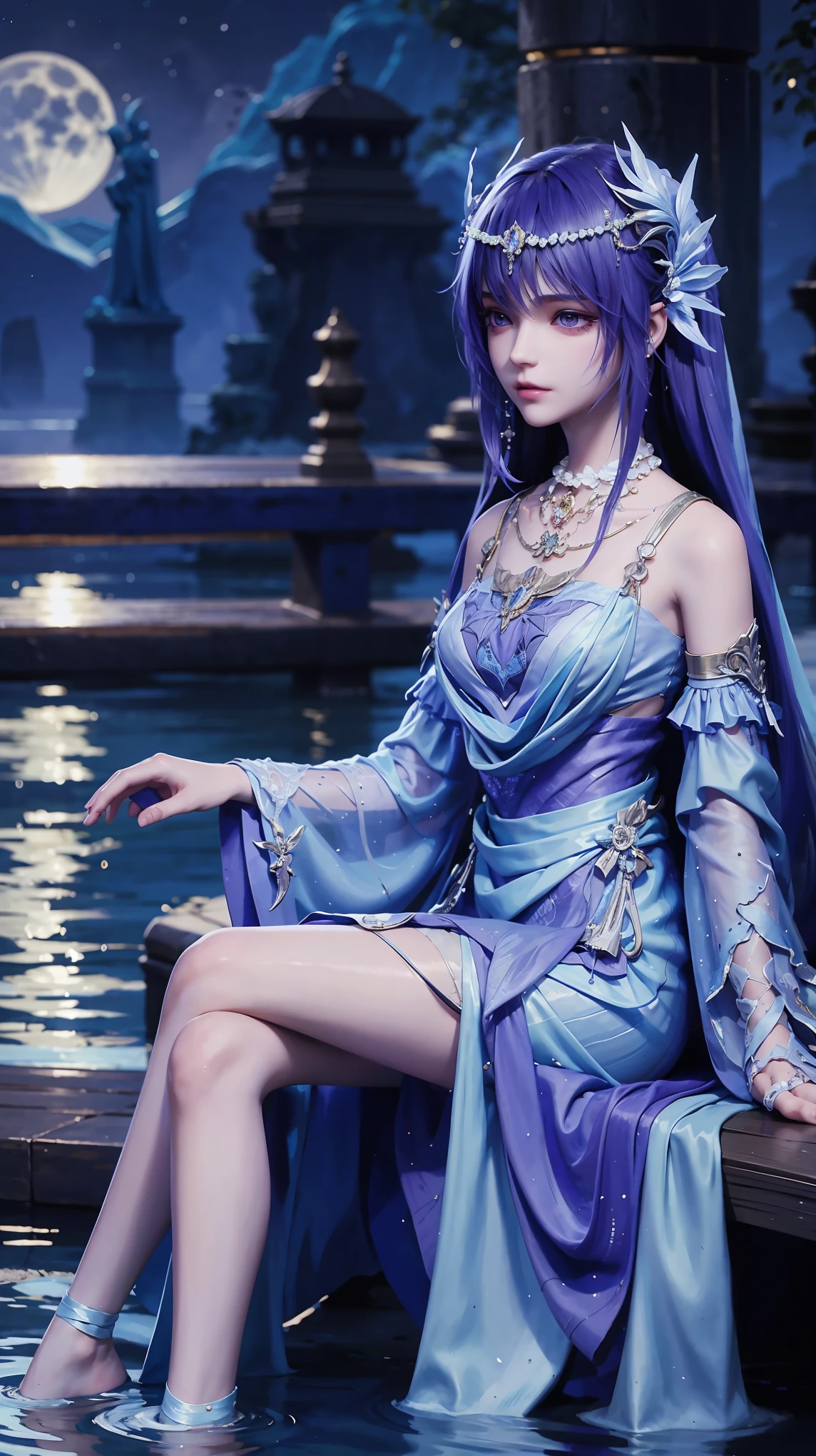 A girl，（（（穿着Lilac wedding dress：1.5））），Black hair and black eyes，Brush your hair with your hands，Seven shots of characters，Professional photography，high quality，Sitting cross-legged on the water，Background on the water at night，moon，The whole body glows，（（（Background is all water，Water Magic））），（（（Lilac wedding dress：1.5））），Opaque clothes