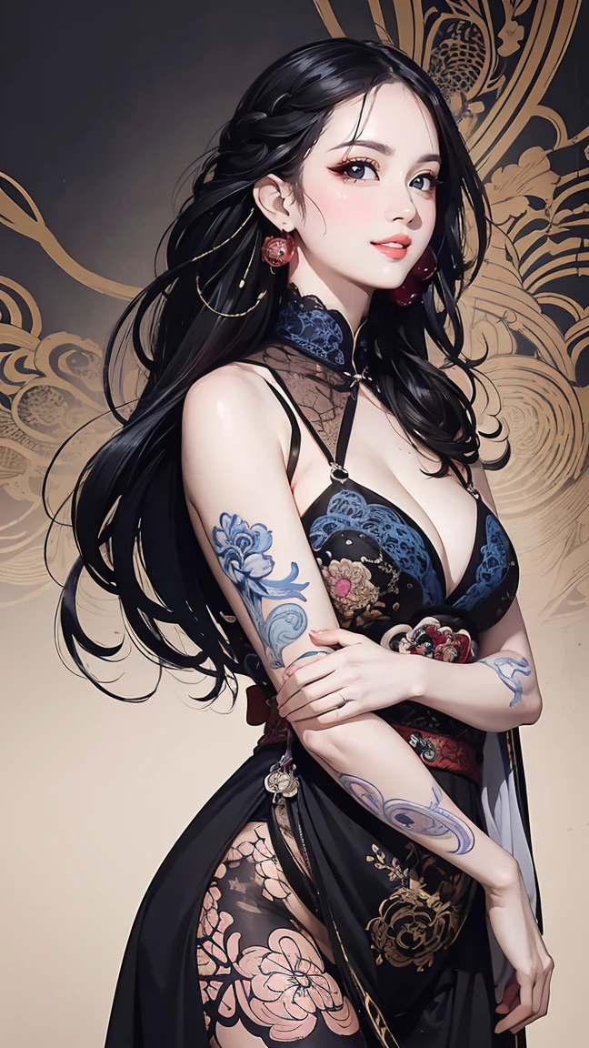 (masterpiece, top quality, best quality, official art, beautiful and aesthetic:1.2), (1 yakuza girl with many tattoos), rusty metal fractal background, extreme detailed, colorful,highest detailed, official art, unity 8k wallpaper, ultra detailed, beautiful and aesthetic, beautiful, masterpiece, best quality, (zentangle, mandala, tangle, entangle)