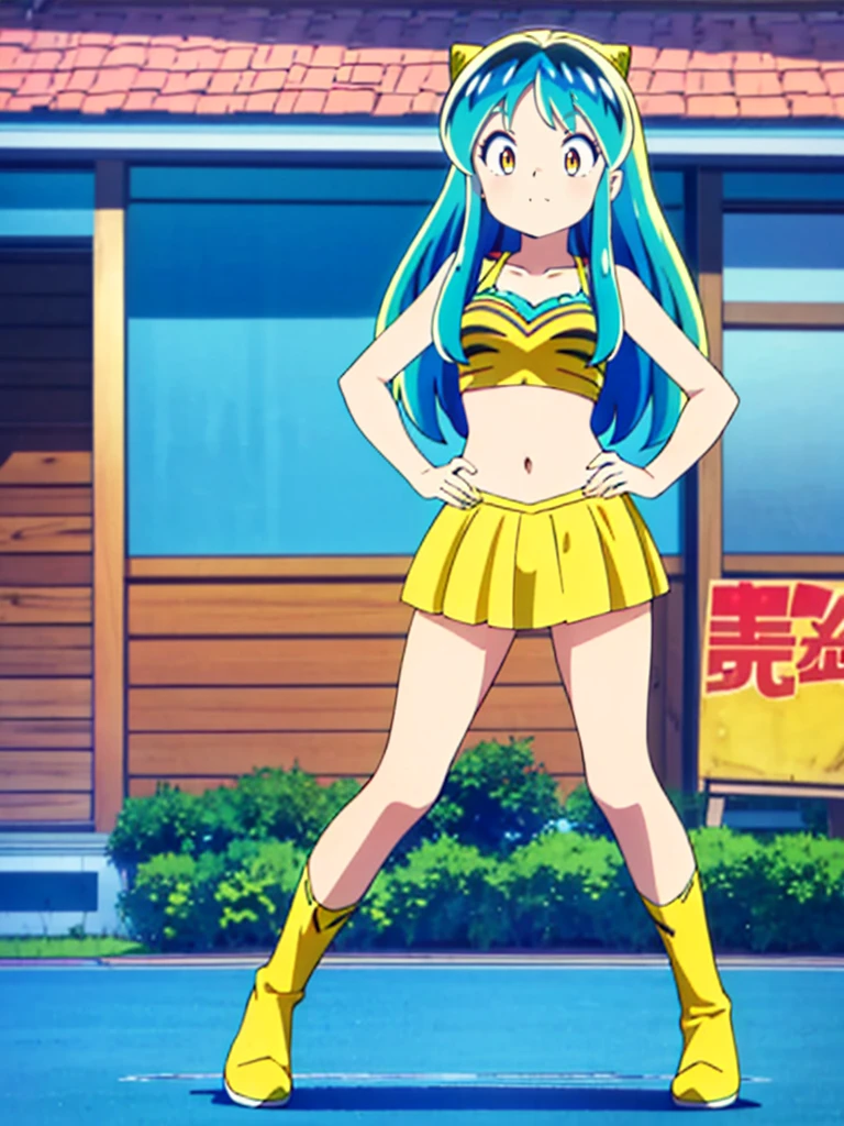masterpiece, Highest quality, 1 Girl, Lum, Lum_比基尼, anime, Charm, 18-year-old, sexy, blush, Enchanted, Shrug, Squint your eyes and laugh、 Stand with hands on hips, fine
