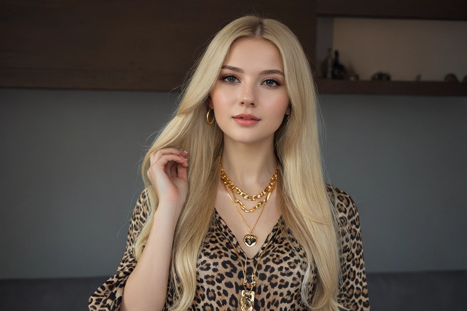 Blonde woman with long hair wearing a leopard print top and necklace., with long blonde hair, Anna Nikonova aka Newmilky, Dasha Taran, blonde woman, beautiful blonde girl, Aleksandra Waliszewska, Lt. Zofia Stryjenska, blonde girl, Yelena Belova, blonde beautiful young woman, Magdalena more often