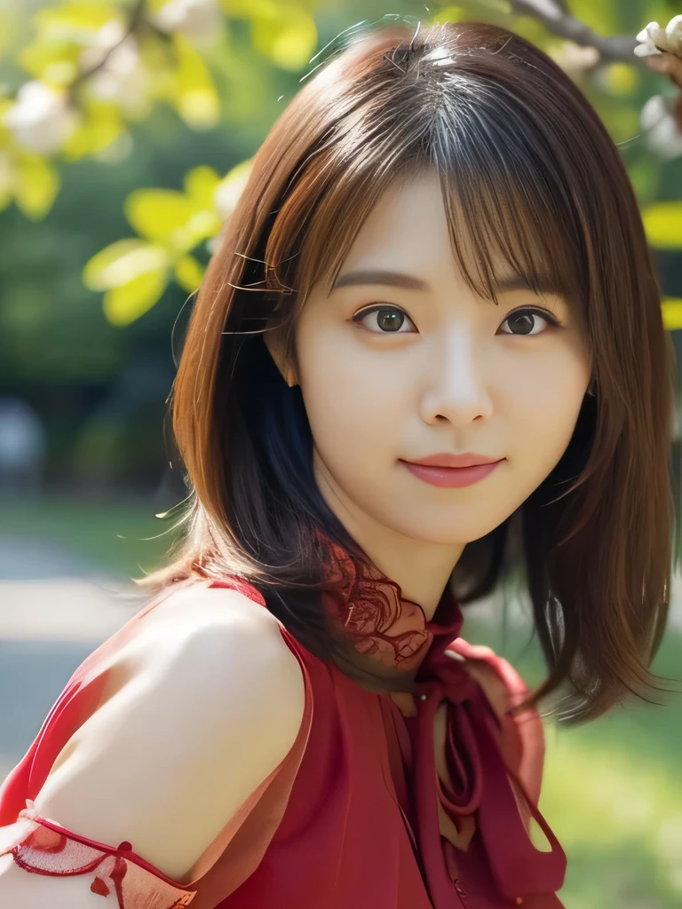 1 Girl, (Wearing a red sheer short-sleeved blouse:1.2), Beautiful Japanese actresses, (RAW Photos, Highest quality), (Realistic, Realistic:1.4), masterpiece, Very delicate and beautiful, Very detailed, 2k wallpaper, wonderful, finely, Very detailed CG Unity 8K 壁紙, Very detailedな, High resolution, Soft Light, Beautiful detailed girl, Very detailed目と顔, Beautiful and exquisite nose, Beautiful and exquisite, Cinema Lighting, BREAK, (1. A park filled with vibrant flowers in the background.3), Spring sunshine, Perfect Anatomy, Slender body, smile, Face the front completely, (Looking into the camera), Westshot, Accentuate larger breasts, ((Randomly oriented bodies)),