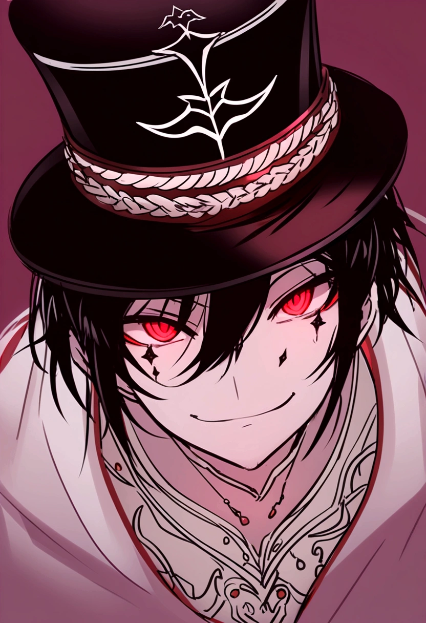 An extremely attractive boy.., with his face covered by a top hat, cheered up style, 4k, semi-realist, detailed, extremely handsome, YOUNG, red eyes, cheered up style, cheered up, master, Chico, sharp eyes, seductive eyes, malicious address 