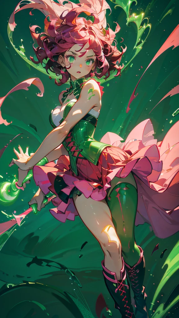 1girl, dark pink hair (short) (curly), brown skin color, green eyes (glowing), wearing corset (red), dress (jade green) (slit), jade green boots, green aura around body, light pink knife, wind blowing, absurdres, high res, ultra sharp, 8k, masterpiece, looking at viewer