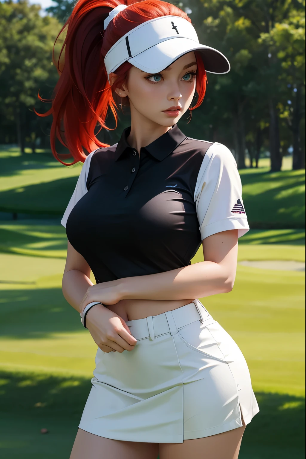 Woman,  Red Hair, Ponytail, Green Eyes, Very Large Breasts, black Miniskirt, White Polo shirt, Golf outfit, on Golf Course, Black Visor