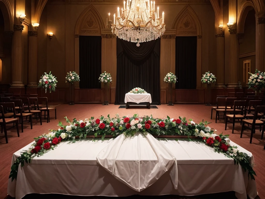 The room has many chairs with tables and flowers., Funeral, Decorated height, A place to rest in peace, Digital photography, Breathtaking composition, In the Great Hall, Heartbreaking, Recreation, walk in a Funeral procession, Catalogue photo, beautiful photo, Spectacular, beautiful photo, Comfortable and friendly, masterful art, coffin, Beautiful images, Interior photo, In the center is a photograph of the deceased.