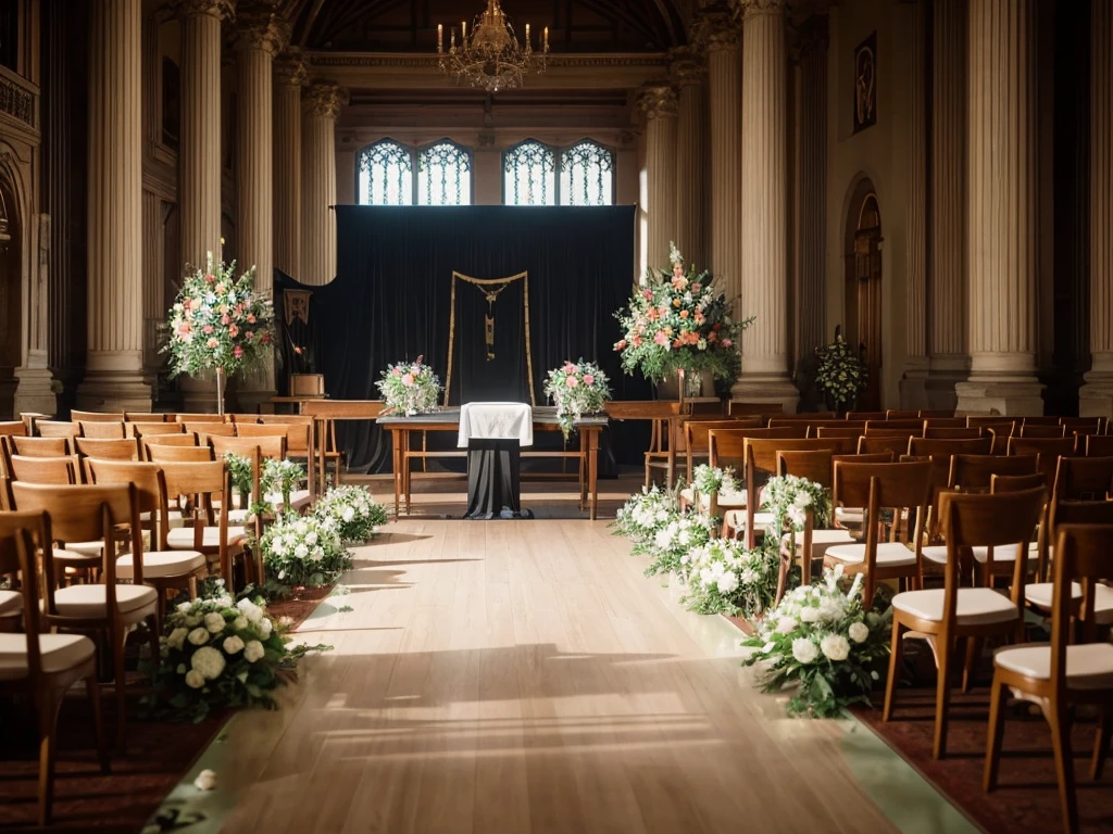 The room has many chairs with tables and flowers., Funeral, Decorated height, A place to rest in peace, Digital photography, Breathtaking composition, In the Great Hall, Heartbreaking, Recreation, walk in a Funeral procession, Catalogue photo, beautiful photo, Spectacular, beautiful photo, Comfortable and friendly, masterful art, coffin, Beautiful images, Interior photo, In the center is a photograph of the deceased.