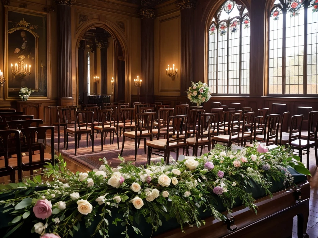 The room has many chairs with tables and flowers., Funeral, Decorated height, A place to rest in peace, Digital photography, Breathtaking composition, In the Great Hall, Heartbreaking, Recreation, walk in a Funeral procession, Catalogue photo, beautiful photo, Spectacular, beautiful photo, Comfortable and friendly, masterful art, coffin, Beautiful images, Interior photo, In the center is a photograph of the deceased.