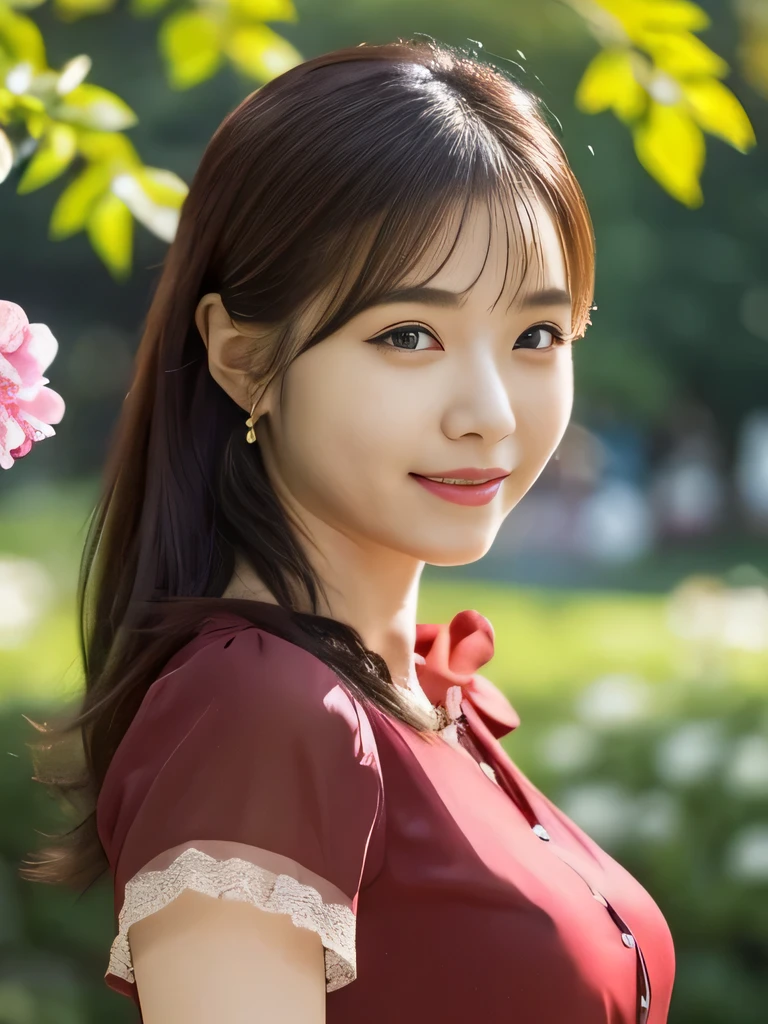 1 Girl, (Wearing a red sheer short-sleeved blouse:1.2), Beautiful Japanese actresses, (RAW Photos, Highest quality), (Realistic, Realistic:1.4), masterpiece, Very delicate and beautiful, Very detailed, 2k wallpaper, wonderful, finely, Very detailed CG Unity 8K 壁紙, Very detailedな, High resolution, Soft Light, Beautiful detailed girl, Very detailed目と顔, Beautiful and exquisite nose, Beautiful and exquisite, Cinema Lighting, BREAK, (1. A park filled with vibrant flowers in the background.3), Spring sunshine, Perfect Anatomy, Slender body, smile, Face the front completely, (Looking into the camera), Westshot, Accentuate larger breasts, ((Randomly oriented bodies)),