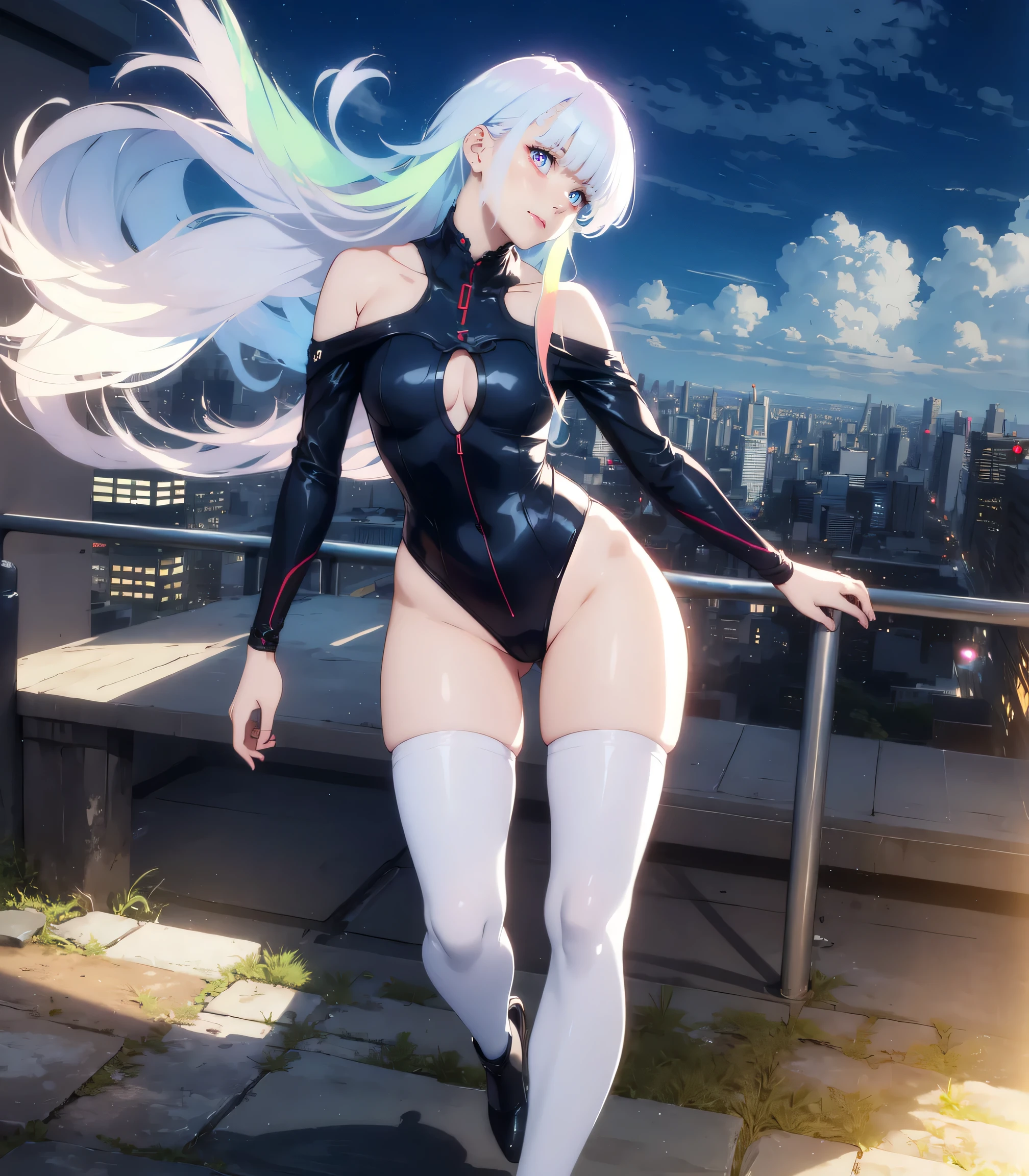 Masterpiece, best quality, 16k resolution, NVIDIA RTX Ray Tracing technology, Create a 4K resolution, ultra-realistic, and extremely detailed artwork, award winning, retina, soft light, sharp focus.(hyper-realistic:1.4), (full body:1.5), (Night, night time:1.4), from above
cyberpunklucy, lucy, short hair, bangs, blue eyes, blue hair, multicolored hair, makeup, (multicolored eyes:1.3), smile, model pose, modeling, squating
BREAK bare hips, bodysuit, leotard, monowire, off shoulder, off-shoulder open clothes, MIDRIFF
BREAK outdoors, city, moon, night, sky, clouds,
sexy, Sexy, smooth perfect skin, smooth_skin
Beautiful、(red blush)、Sexy
FULL BODY SHOT, ultra wide angle, textured skin, face detail, clean skin, perfect hands, perfect anatomy, anatomically correct,
(Realistic park:1.3)