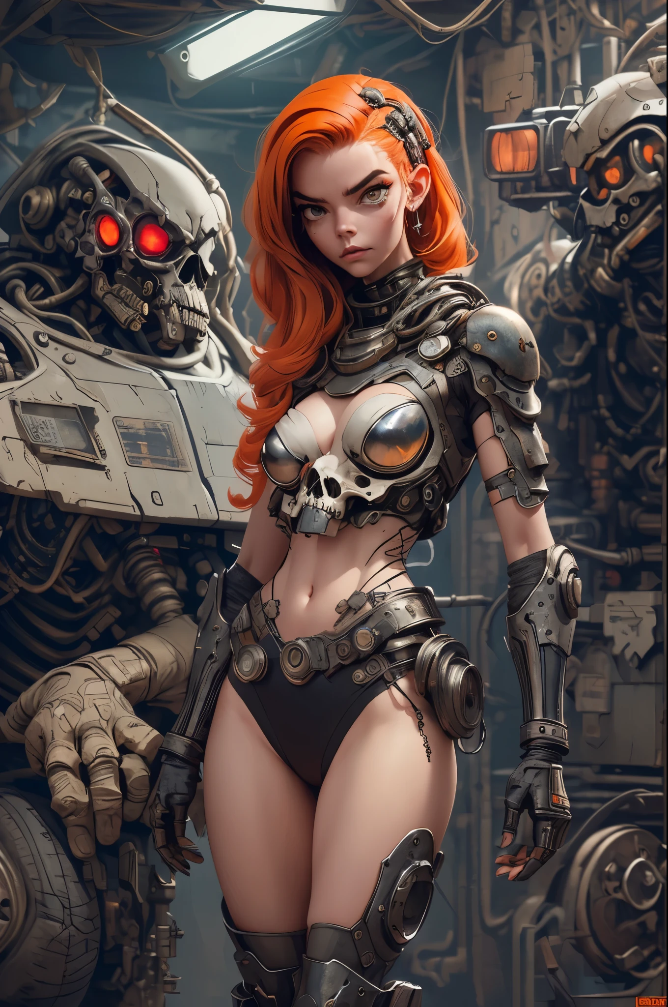 (((mulher))), (((melhor qualidade))), (((obra prima))), (((adulto))), A highly detailed and realistic skull girl,( Anya. Taylor Joy) cyberpunk character, mad max furiosa, one hand robot, cyborg arm, orange hair, dramatic metal heavy rock theme, best quality, 8k, hyperrealistic, photorealistic, extreme detailed painting, studio lighting, vivid colors, dark moody atmosphere, cinematic, dramatic pose, intricate mechanical details, glowing energy effects, intense gritty textures, seamless integration of organic and inorganic elements. Wearing the used clothes of a wastelander. Background: An apocalyptic wasteland. Dusty and depressing.