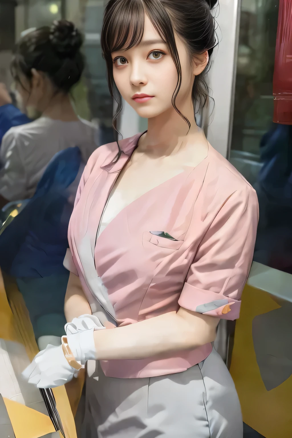 (masterpiece:1.2, Highest quality:1.2), 32k HDR, High resolution, (alone、1 girl)、(On the rooftop of a building in the daytime、Professional Lighting)、Building rooftop background、(Nankai train crew uniform pinkを着たリアルスタイル)、(Nankai train crew uniform pink short sleeve collarless pink jacket、Nankai Train Crew Uniform Pink Collarless Short Sleeve Blouse、Nankai Train Crew Uniform Pink Grey Knee-length Culottes)、((The bottom of the pink short-sleeved jacket cannot be tucked into the clay-colored culottes.))、Dark brown hair、(Hair tied up、Hair Bun、Hair Bun)、Dark brown hair、Long Shot、Big Breasts、Thin legs、((Great hands:2.0)),((Harmonious body proportions:1.5)),((Normal limbs:2.0)),((Normal finger:2.0)),((Delicate eyes:2.0)),((Normal eyes:2.0)))、(Nankai Train Crew Uniform Pink Grey Knee-length Culottesを見せた美しい立ち姿)、smile