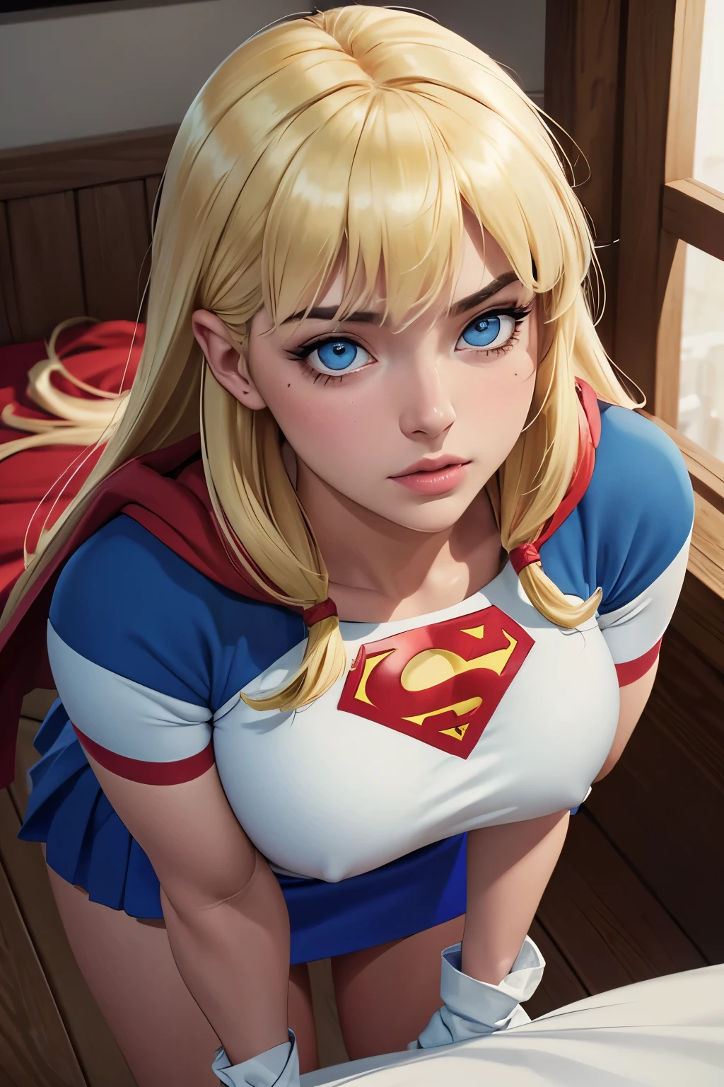 work of art, cru, linda arte, professional artist, 8K, very highly detailed face, very detailed hair, 1 girl, Supergirl (hair blonde, long hair, hair elastic, blue colored eyes, mitts, red cloak, short and tight blue skirt, white  shirt), lying on her bed in the Watchtower, Panas, lust, excitado, blushful, your hands exploring your body, thinking about girlfriend, missing your lover, Camera from above, no label, No brand, perfectly dCRUn body, beautiful  face, very detailedeyes, rosy cheeks, details Intricate in eyes, pursed lips, perfect shape body, Body cute, extremely detaild, details Intricate, highy detailed, Spitz focus, skin detailed, realistic skin texture, texture, detailedeyes, high resolution, kodak vision color, photoshot_\(ultra\), Post-processing, maximum detail, roughness, real-life, ultra realistic, pPanasorealism, pPanasography, absurderes, RAW pPanaso, highest quallity, high detail RAW color pPanaso, professional pPanaso, extremely detaild UHD 8K wallpaper unit, best qualityer, high resolution, (work of art, maximum quality, high resolution:1.4), pPanaso, cinematic, Film grain, Spitz, soft natural light, magic pPanasography, super verbose