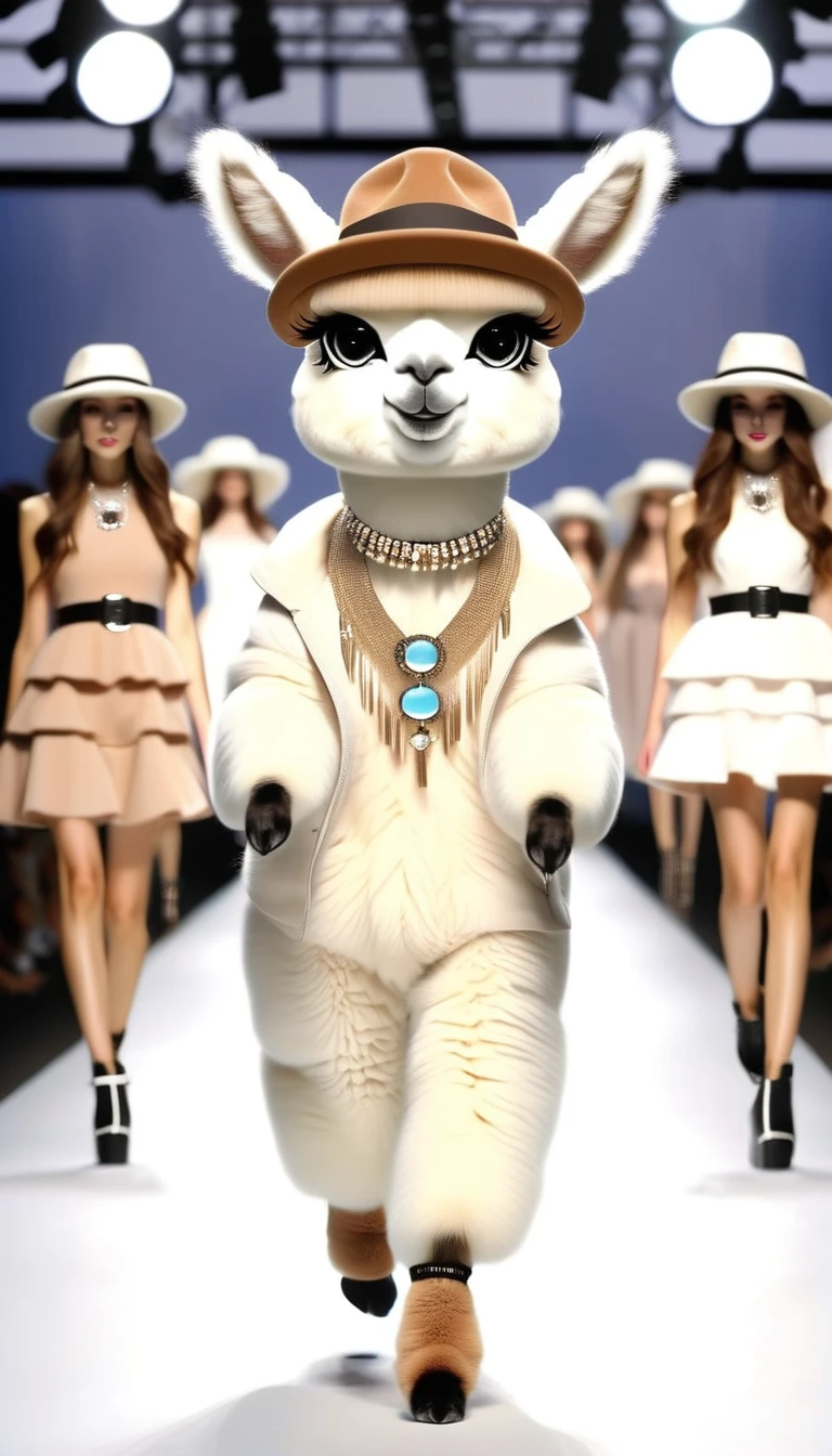 （Cute alpaca fashion show）,Alpaca is anthropomorphized with makeup，(whole body image)，Fashion trends for summer 2024，Khaki，milky，Charming Alpaca，Enchanting Alpaca，Walking on a catwalk，Dynamic poses，Cool，[Cute big eyes]，necklace，hat，Fashion，Cartoon，in style of Cosplay fashion design , portrait，background：Fashion show catwalks