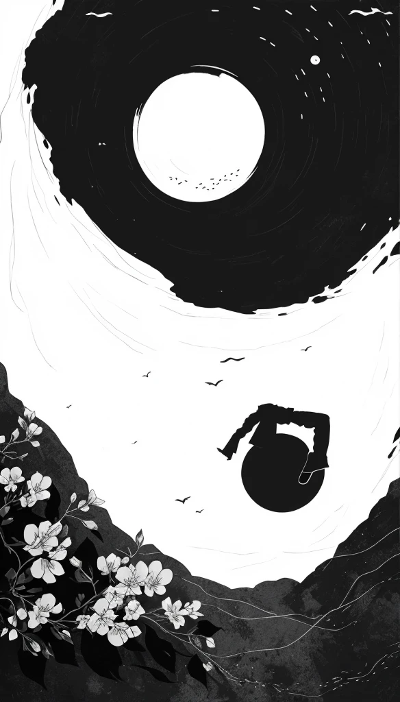 The sky turns into a black and white Tai Chi diagram，Ink Style，Minimalism，