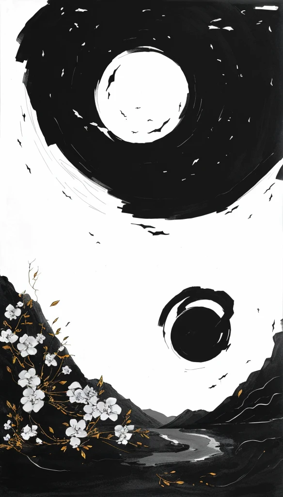 The sky turns into a black and white Tai Chi diagram,Ink Style,Minimalism,