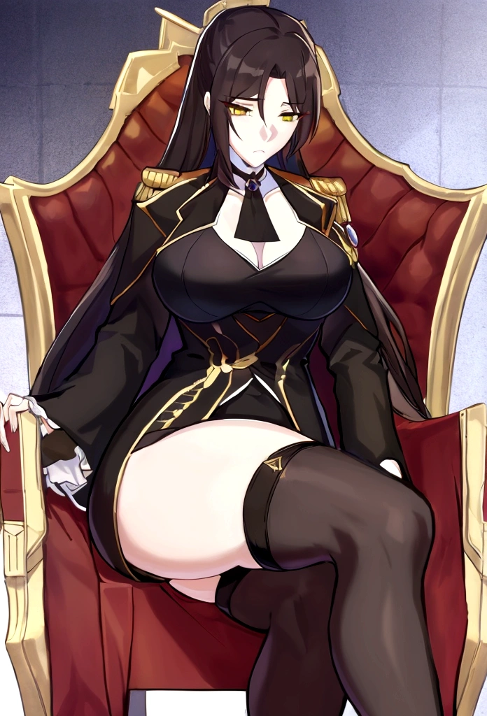 best qualityer，work of art，A high resolution，adult  woman, 1 girl, member of the mafia, sitting in the throne, cross legs, both legs with black stockings, separated visible breasts, visible clavicle, holding cane, visible reed, lipstick, Bblack hair, long hair, slickedback hair, yellow  eyes, black greatcoat, long pants, thicc thighs, black pants, top cut, above view,caberuel, mature woman,skinny,nardack