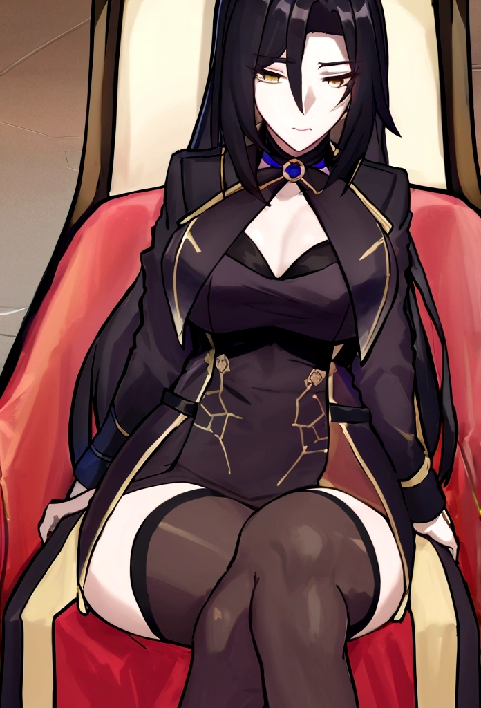 best qualityer，work of art，A high resolution，adult  woman, 1 girl, member of the mafia, sitting in the throne, cross legs, both legs with black stockings, separated visible breasts, visible clavicle, holding cane, visible reed, lipstick, Bblack hair, long hair, slickedback hair, yellow  eyes, black greatcoat, long pants, thicc thighs, black pants, top cut, above view,caberuel, mature woman,skinny,nardack