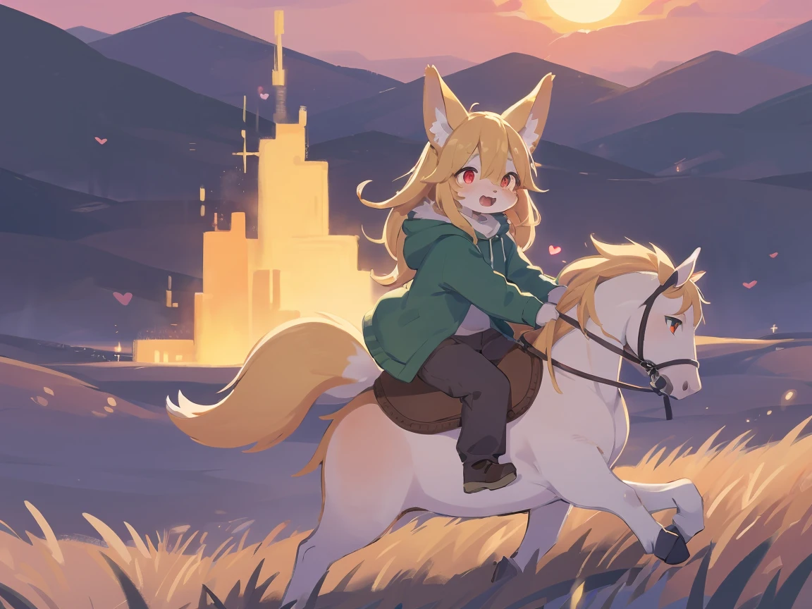 the fox, , was hairy, shaggy, skin fur, smooth lashes, golden fur, forelimb hands, straight long blonde hair, solid circle eyes, golden ears, golden fur, golden facial fur, shiny hair, red eyes, heart-shaped eyes, super cute face, 1fox tail, fluffy tail, furry tail, glowing eyes, green coat green hood down, brown trousers, riding young horse, open mouth, pain face, embarrassed, ambient light, ultra-fine fur, dashed eyes, full body, masterpiece, high quality, high-details, best quality, (((solo))), twilight, sun light, red sky, rim light
