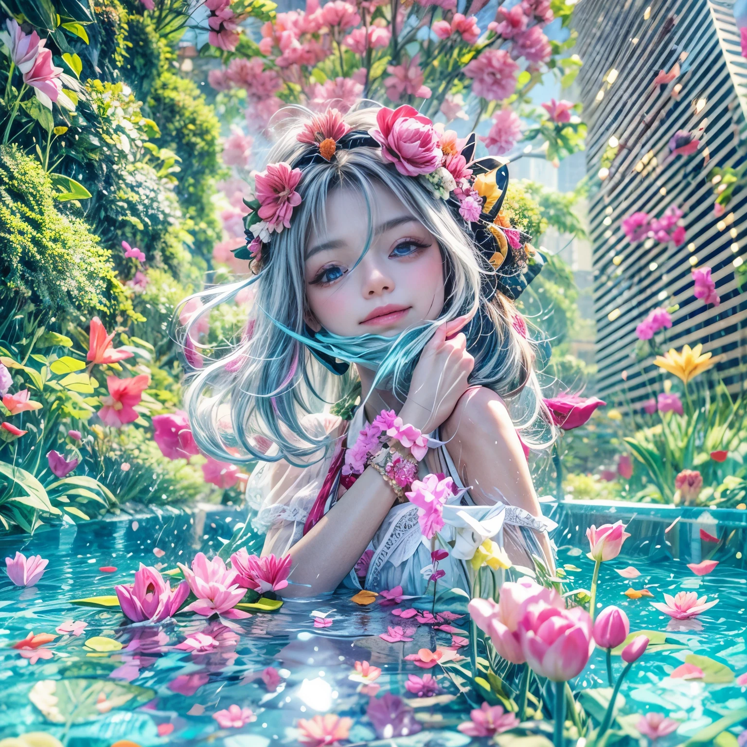 BloodRed, White in Pearly RainbowColors,ExtremelyDetailed(ProfessionalPhoto of Girl Floating in the Sky:1.37)ZoomLayer{Stunning|Mystic|GodRays|Haze}, 57th floor infinity pool in the urban forest. (Masterpiece 8K TopQuality:1.2)(ExtremelyDetailed NOGIZAKA face:1.37) ElaboratePupil with (SparklingHighlights:1.28) DoubleEyelids with Voluminous LongEyelashes PUNIPUNI RosyCheeks (Joyful Expressions LifeLike Rendering) MotionBlur  BREAK  (Acutance:0.77) PUNIPUNI Radiant Impeccable PearlSkin with Transparency White(Skinny SchoolSwimwear) {(HiddenHand)|((Corrected BabyLike Hand))} Whole Body Proportions and all limbs are Anatomically Accurate, {Carnation|Tulips|(Rose)} [FlowerWreath WrappedBody Full of Flowers Covering girl's body] {((Dazzling RainbowColorHorizon))|ColorfulSky|ColoredClouds|(Starly Particles)}(extra limbs:-1.4)(Not Detailed Face:-1.37)(Not Detailed Hand:-1.28), Drawing infinity pool reference to the rooftop of Marina Bay Sands