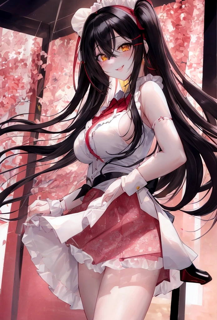 masterpiece, high quality, 1 Girl（（,whole body）） ((tokisaki kurumi)), Monochrome, Black Hair, , skirt, ((Right eye is red:1, Left eye yellow))),（（Beautiful Eyes）），（（Delicate face）） smile, cute, （（Are standing）），（（（Wearing red high heels）））, Beautiful body, cute face, Looking at the audience，超High resolution, Anatomically correct, Super detailed, Super detailed, High resolution, Accurate，