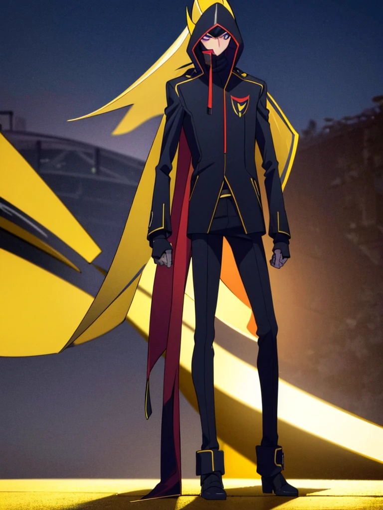 Male, teenager, vigilante, wearing dark clothes, a coat, and a full-face mask, head covered by mask, athletic build, hands in pockets, standing at attention, nighttime setting, lone figure, facing viewer, fully in frame, full body shot, Code Geass style, codeGeass, CODEGEASS