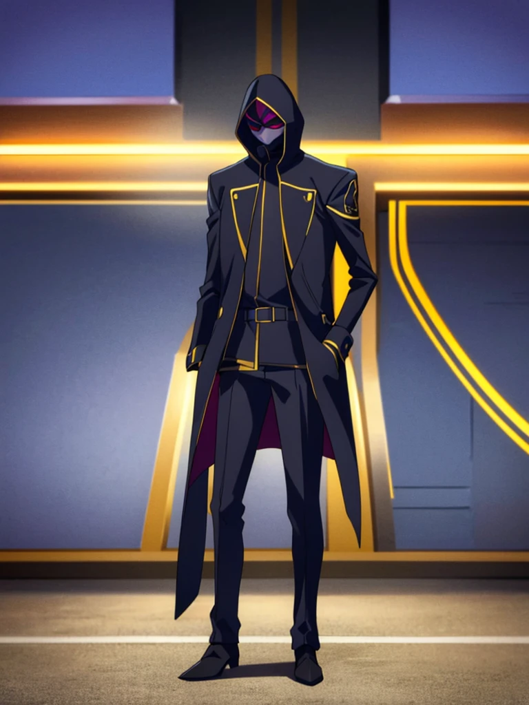Male, ager, vigilante, wearing dark clothes, a coat, and a full-face mask, head covered by mask, athletic build, hands in pockets, standing at attention, nighttime setting, lone figure, facing viewer, fully in frame, full body shot, Code Geass style, codeGeass, CODEGEASS