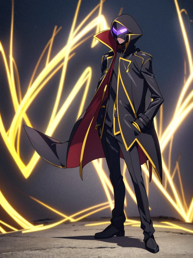 Male, teenager, vigilante, wearing dark clothes, a coat, and a full-face mask, head covered by mask, athletic build, hands in pockets, standing at attention, nighttime setting, lone figure, facing viewer, fully in frame, full body shot, Code Geass style, codeGeass, CODEGEASS