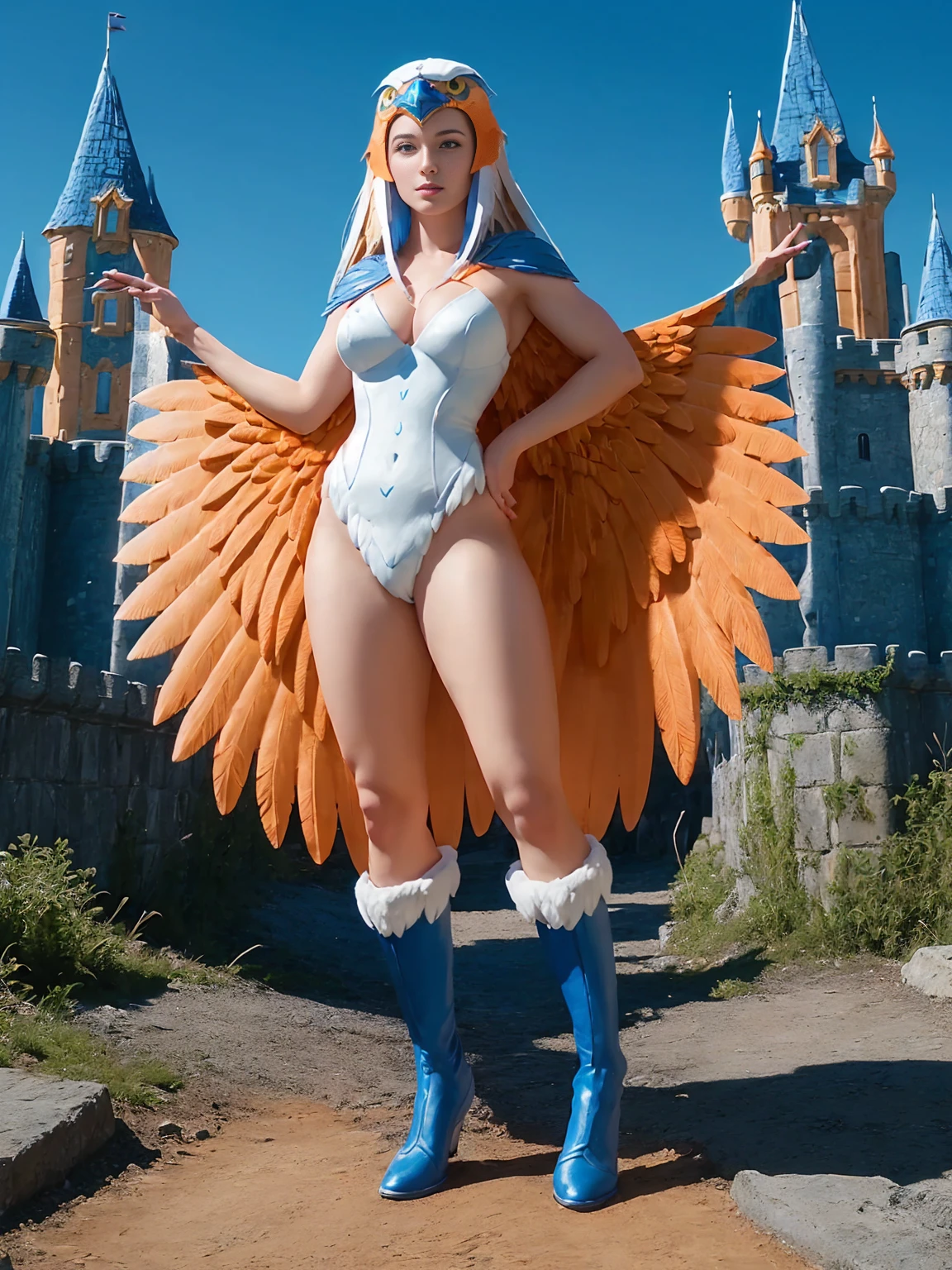 (((full body photo))), ((1girl)), full body, motu_sorceress, gorgeous woman, realistic, blue and white long sleeved v-neck bodysuit with feather detailing, eagle headdress, (orange and blue feather cloak:1.2), blue boots with white fur trim, (extremely detailed 8k wallpaper), masterpiece, best quality, ((intricate detail)), absurdres, ((perfect face)), ((perfect hands:1.3)), (soft smile:1.3), dynamic angle, dynamic pose, ((fantasy castle setting:1.2)), outdoors,