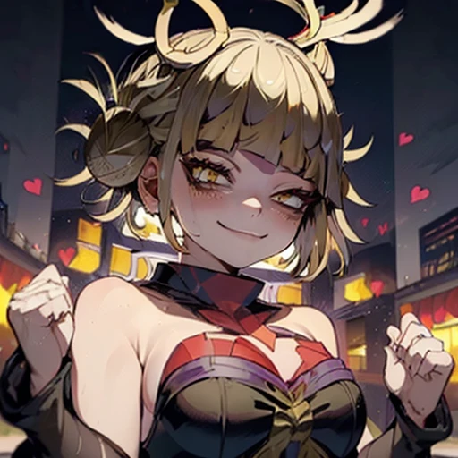 (Himiko toga:1.5),(boku no hero academia:1.2),(short blonde hair with two messy pulps in the hair),(yellow eyes with cat pupils),(wearing),+,(a sexy bunny outfit that consisted of a larger black strapless one heart decots and showing feathers and super sexy and tight arms) 