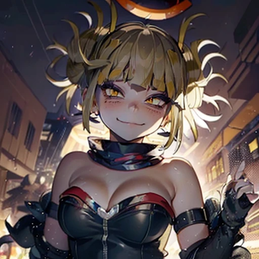 (Himiko toga:1.5),(boku no hero academia:1.2),(short blonde hair with two messy pulps in the hair),(yellow eyes with cat pupils),(wearing),+,(a sexy bunny outfit that consisted of a larger black strapless one heart decots and showing feathers and super sexy and tight arms) 