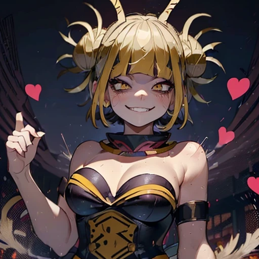 (Himiko toga:1.5),(boku no hero academia:1.2),(short blonde hair with two messy pulps in the hair),(yellow eyes with cat pupils),(wearing),+,(a sexy bunny outfit that consisted of a larger black strapless one heart decots and showing feathers and super sexy and tight arms) 