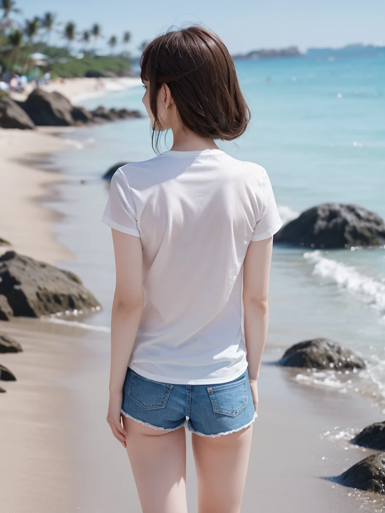 masterpiece, high quality, One woman from behind, A back view that anyone would think is cute、The background is the beach、blue eyes, White shirt、Shorts、Full-body back view、High Quality Images
