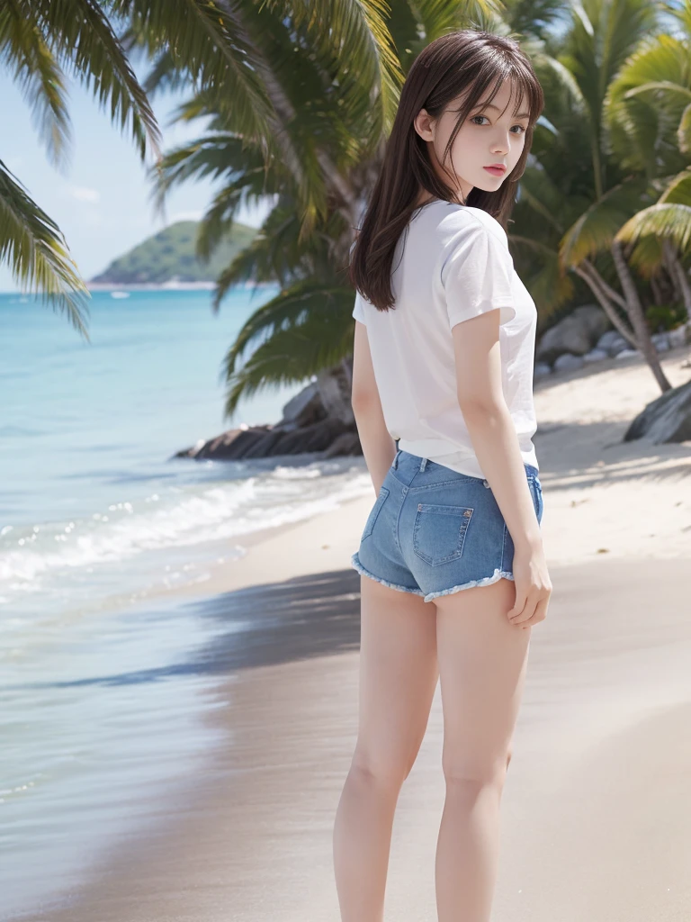 young girl, big , beautiful eyes, perfect beauty, messy hair, white skin, pale skin, textured skin, pale lips, big breast, ((bikini and shorts denim), ((in the beach hotel)), ((showed her back and ass)), beautiful eyes, beautiful face, perfect body, perfect face, realistic, ultra realistic,, dynamic poses, th