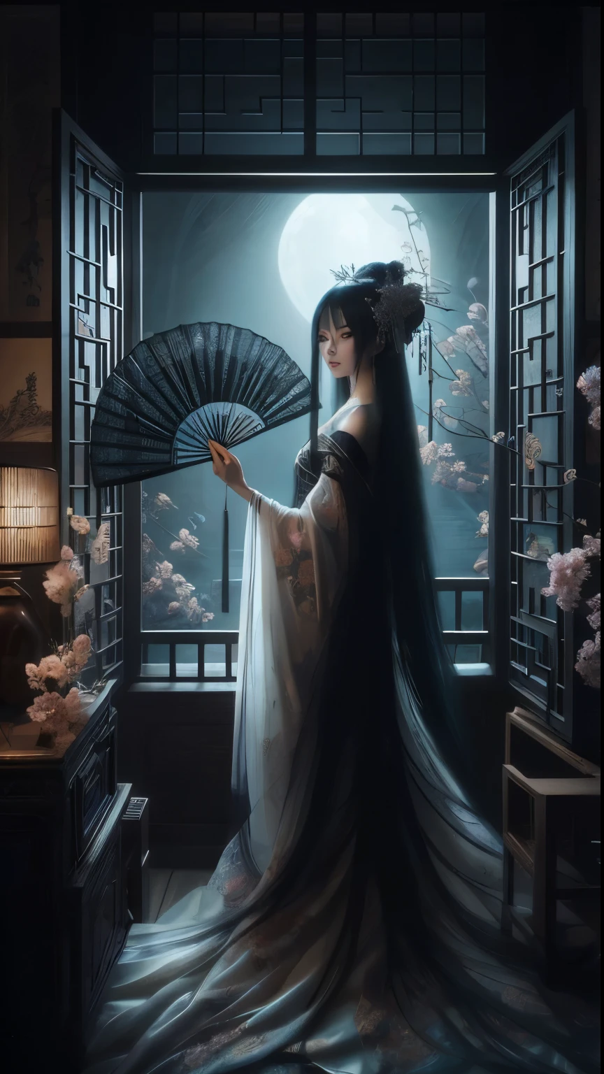 An ultra beautiful Asian woman long blue-black hair, holding a very ultra ornate long black ancient liquored Asian fighting fan, wearing a long white cherry blossom Chinese womans dressing gown, in a darkened room of moonlight streak in through the opened balcony window, Chinese garden, night sky, black ink, in the style of Caravaggio, Fan Zhongzheng, and Da Vinci, 8k resolution, hyperdetailed, photorealistic, an oil painting art style, Sfumato, Masterpiece, fox eyes, LAassunity