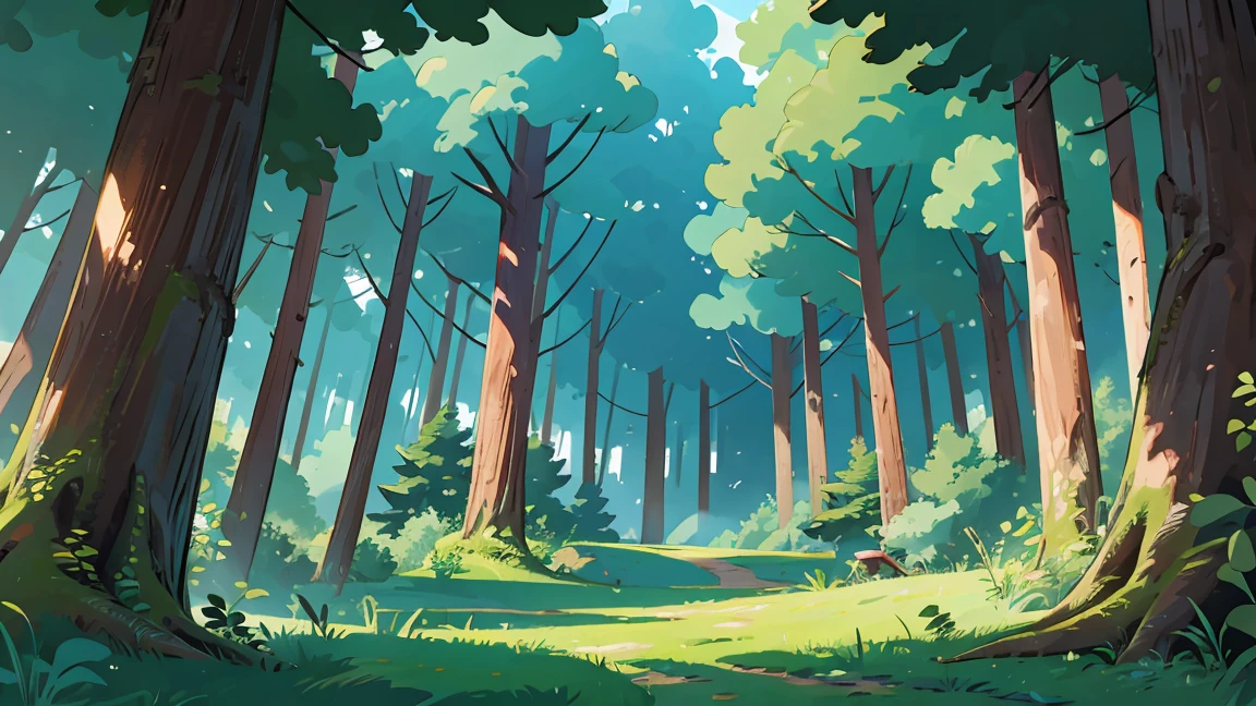 A beautiful forest seen from front, background, mid-height shot, blue sky, not shadows, flat color, masterpiece, cinematic view, best quality, 1990s style