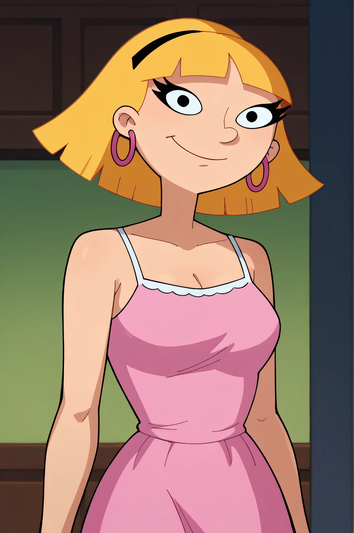 score_9_up,score_8_up,score_7_up,score_6_up,score_5_up,score_4_up BREAK olga pataki,1girl, solo, blonde hair, short hair, black hairband, hoop earrings, sleeveless, cleavage, Pink Camisole dress, smile, bangs, human skin, blunt bangs, looking at viewer, indoor ballroom, movie style, cowboy shot